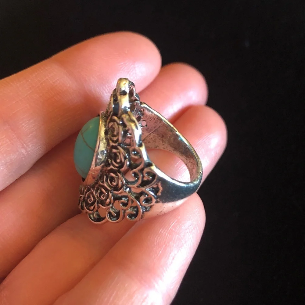 Silver-Tone Floral Ring with Turquoise Cabochon